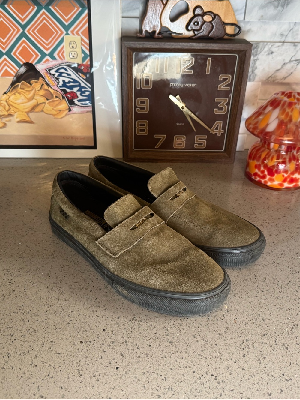 Vans Olive Suede Slip-On Loafers with Black Sole